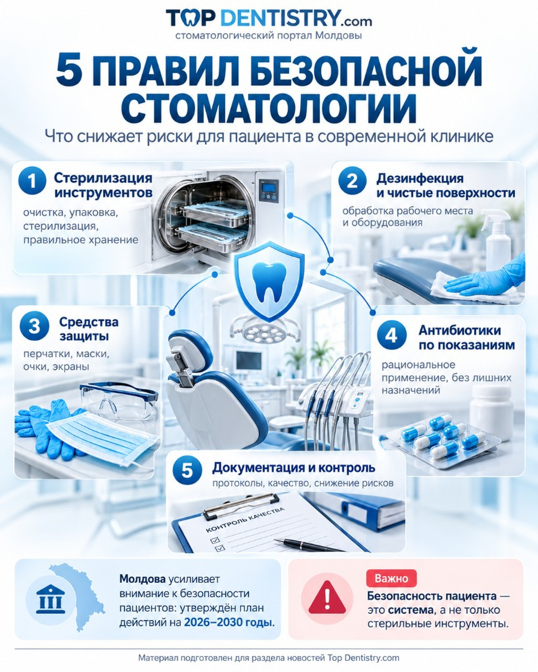 Пять правил безопасной стоматологии: стерилизация, дезинфекция, защита, антибиотики по показаниям и контроль