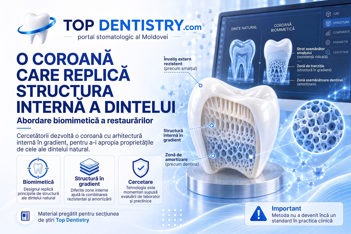 Coroană cu structură interioară gradientă care imită dintele natural