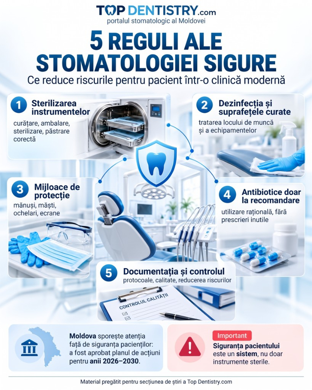 Cinci reguli ale stomatologiei sigure: sterilizare, dezinfecție, protecție, antibiotice la indicație și control